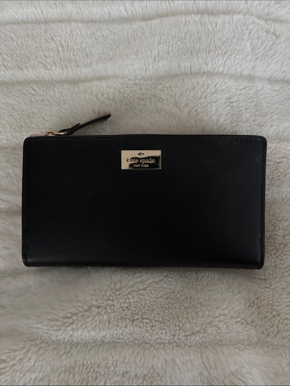 kate spade Black Leather Zip-Around Wallet with Gold Plaque